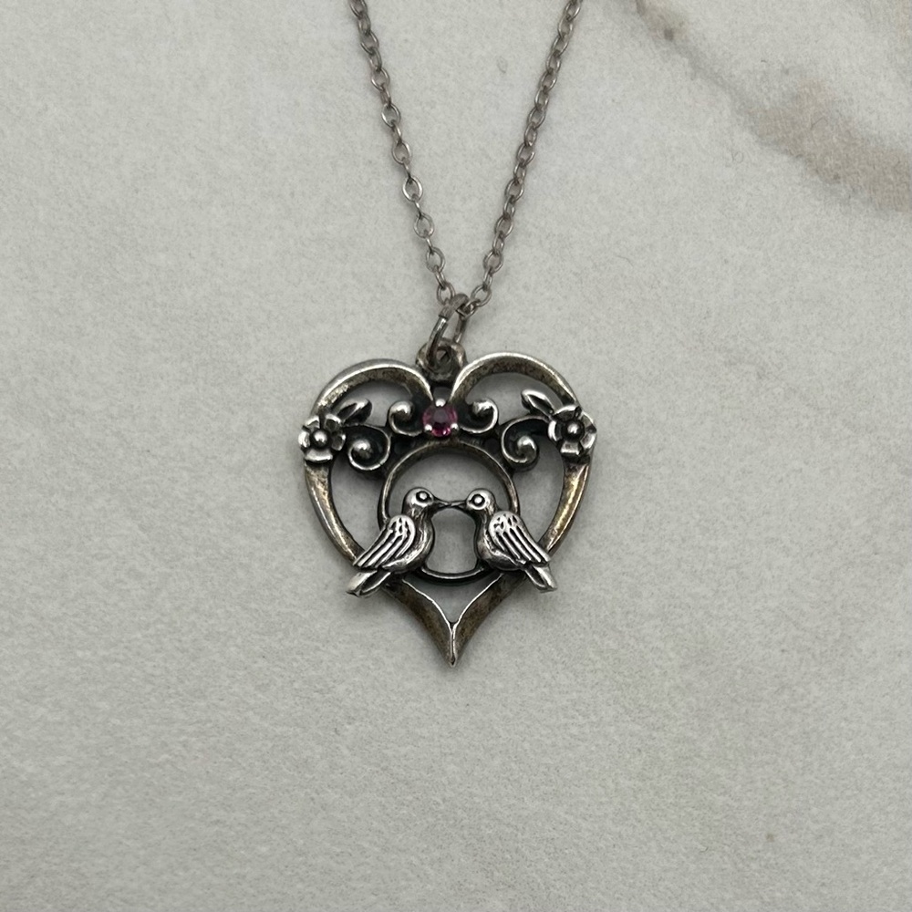 Franklin Mint 1981 Sterling Silver Lovebirds Pendant Necklace With Ruby Stone